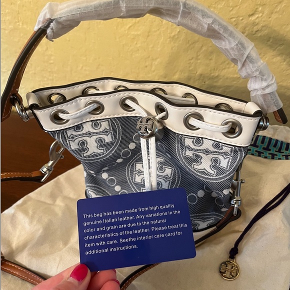 Tory Burch Mini T Monogram Denim Bucket Bag - Picture 5 of 8